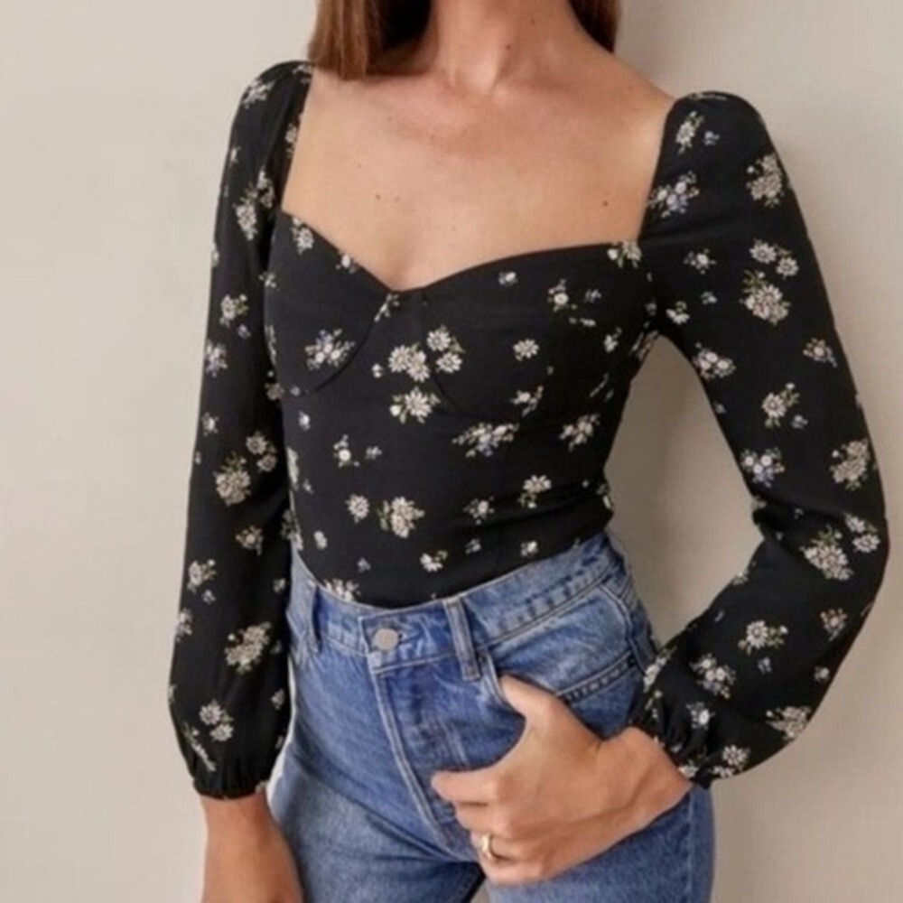 Reformation Reign Floral Daisy Sweetheart‎ Smocked Long Sleeve Top 2